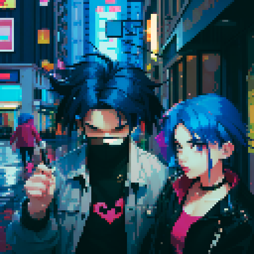 blue haired 90s pop girl on the right is smoking a cigarette, and the man on the left with black hair is holding a gun, night time rainy streets, grim