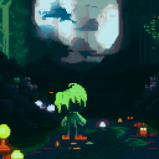 A pixelated arcade room bathed in neon lights, where vintage arcade machines flicker with eerie glow. Ghostly figures stand around, playing games that emit haunting electronic melodies.