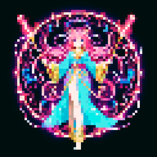 legendary anime girl wizard, long flowing hair, vibrant and dynamic colors, glowing magical staff, intricate and ornate robes, intense and focused expression looking to the right, not wearing shoes, sparkling and shimmering background, detailed and precise pixel art
