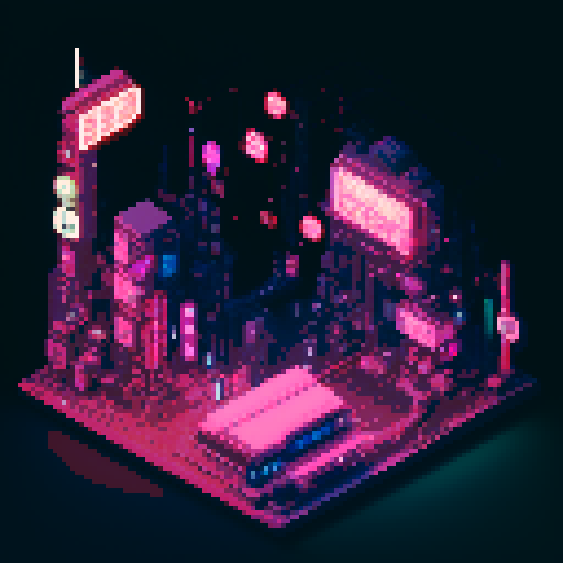 isometric 3D perspective, anime girl hovering in street, Japanese cyberpunk, neon lights, futuristic cityscape, dark colors, pixel art
