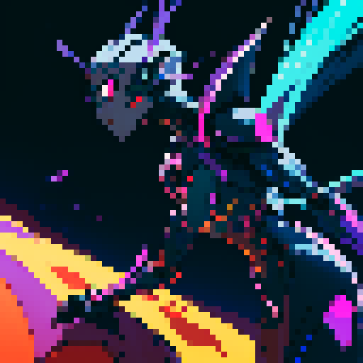 Generate an image of a dangerous cosmic ant from the future. This ant should have an otherworldly appearance, with an armored exoskeleton featuring iridescent colors that shift between dark purples, blues, and vibrant yellows. Its body should be sleek and segmented, with advanced technological elements integrated into its design. The ant should have menacing mandibles, glowing eyes, and intricate patterns on its body that evoke a sense of cosmic power. Ensure the design conveys a sense of danger