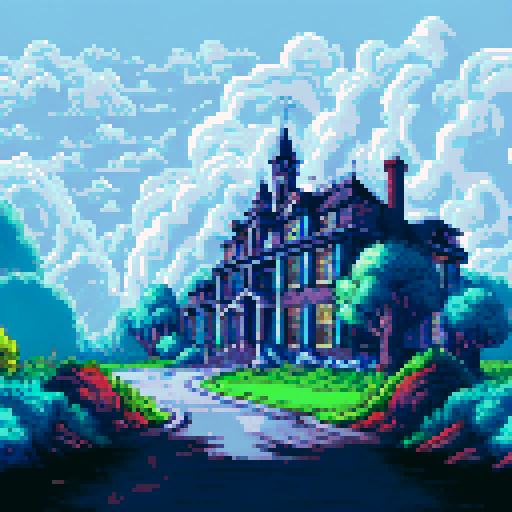 Haunted plantation style mansion, looming atop a hill, with a winding cobblestone pathway leading to its entrance, under a black night sky filled with ominous thunderclouds and sporadic bursts of lightning, all depicted in pixel art, creating a haunting background landscape