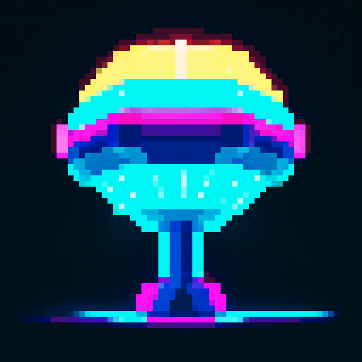silver ufo, neon glowing, retro pixel art, night sky hovering, light beams shooting, vibrant sRGB colors, pixel art, sRGB,viewed from below at a diagonal angle