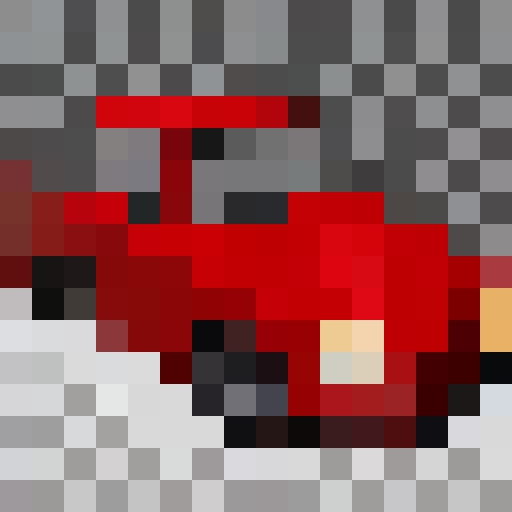 Shiny red car, racing stripes, chrome wheels, headlights glowing, pixelated 16x16 game icon, close up portrait in retro pixel art style.