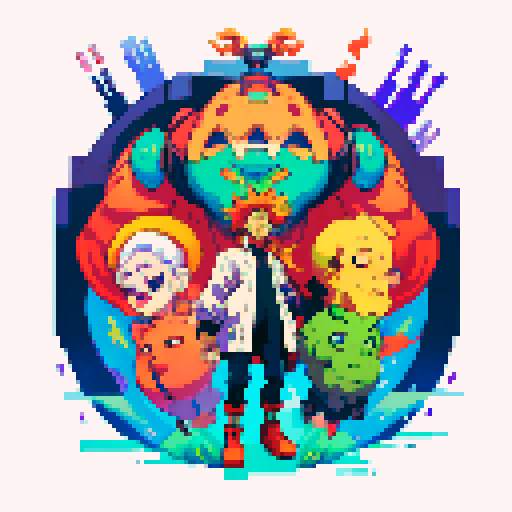 fat mad scientist, full-body image, facing left, giant robot, vibrant colors, exaggerated proportions, pixelated details, sRGB, pixel art