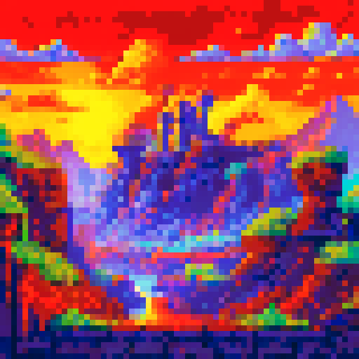 sword, gleaming, sharp, metallic, forged, sparks flying, blacksmith's workshop, anvil, glowing embers, billowing smoke, ancient, ornate hilt, intricate engravings, vibrant colors, lush green meadow, towering mountains