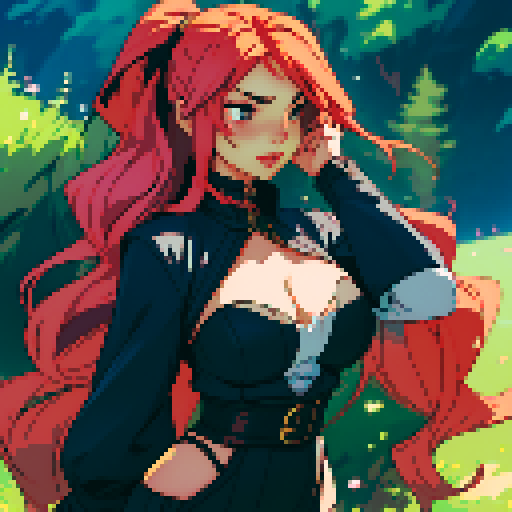 Seductive, curvaceous woman with flowing hair, skillfully pleasuring throbbing member, pixelated sRGB art style