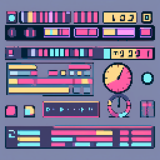 visualize UI elements for Stamina Bar: A visual representation of the player's current stamina level; Stress Bar: Visual indicator of the player's stress level, changing colors or patterns based on intensity; Target Bar: A bar showing the work target progress during gameplay; Timer: A clock or countdown display for time-sensitive tasks or shifts.