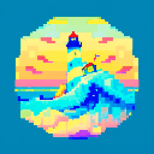 lighthouse, sea, aurora, vibrant colors, pixelated waves, glowing sky, geometric shapes, digital art, sRGB