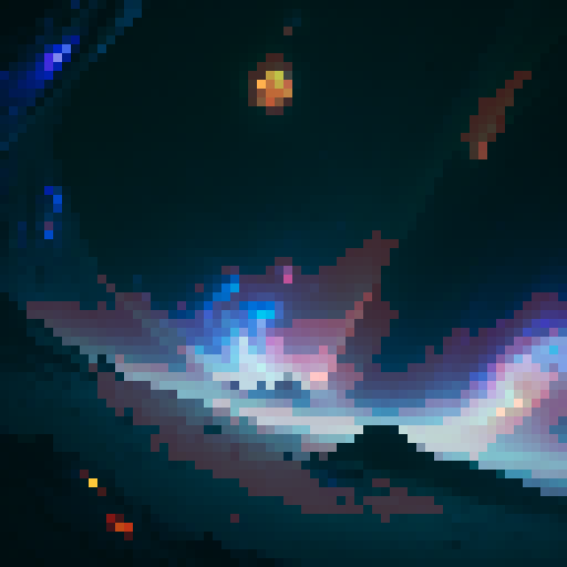 "Chromatic planet with rippling auroras, surrounded by tiny moons that spark like fireflies in the deep space abyss, rendered in a whimsical, painterly style."