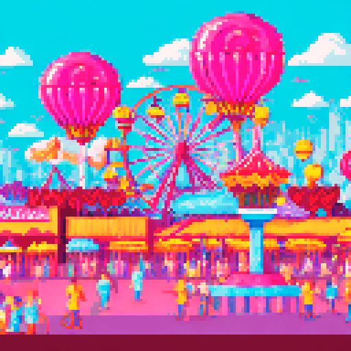 wide shot amusement park, vibrant colors, bustling crowds, whimsical carousel, towering roller coaster, neon signs, ferris wheel in motion, candy-colored stalls, swirling cotton candy, children with balloons, animated characters, pixelated fireworks illuminating the night sky, pixel art style, sRGB color profile