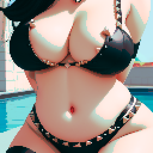 curvy busty goth, cute goth woman, with black hair, and red lipstick, wearing a studded collar, nude breast, beauty photo, glamour shot, sRGB color