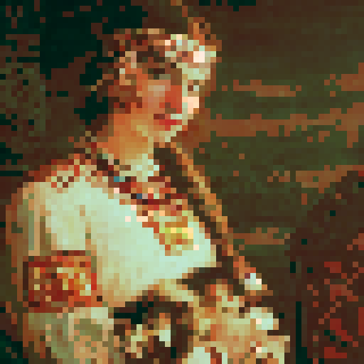 Russian girl, traditional costume, vibrant colors, intricate embroidery, flowing skirt, floral headpiece, landscape background, snow-capped mountains, golden sunset, soft brushstrokes, warm color palette