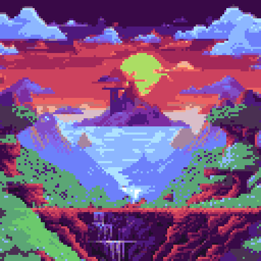 fantasy ship, pixel art, sRGB, background, vibrant colors, towering masts, billowing sails, mystical clouds, majestic mountains, cascading waterfalls, lush forests, blue skies