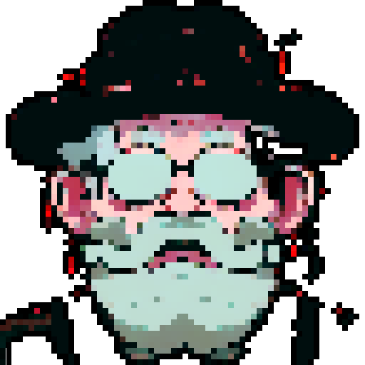 Fisherman grandpa, weathered face, wrinkled skin, salt and pepper beard, intense gaze, bushy eyebrows, fishing hat, worn-out fishing vest, suspenders, pipe in mouth, fishing rod in hand, anime-style, pixel art