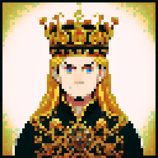 king, regal, black metall crown, black crown, majestic, stoic expression, sharp features,  royal robe, intricate embroidery, game icon, 32x32 pixel art, sRGB, skill art, close up, portrait, golden hairs
