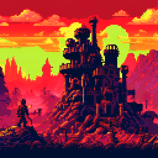 Topdown pixel apocalypse, apocalyptic ruins, desolate wasteland, crumbling buildings, overgrown vegetation, decaying vehicles, broken windows, graffiti-covered walls, eerie atmosphere, abandoned streets, post-apocalyptic landscape