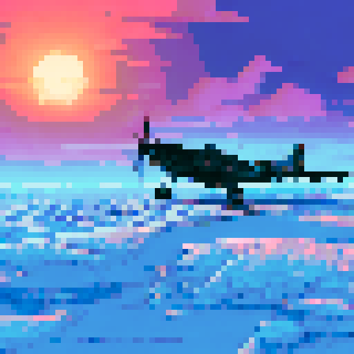 Crushed metal, smoke rising, and snowdrifts surround a BF 109 on a barren, icy landscape that stretches to the horizon in sRGB pixel art