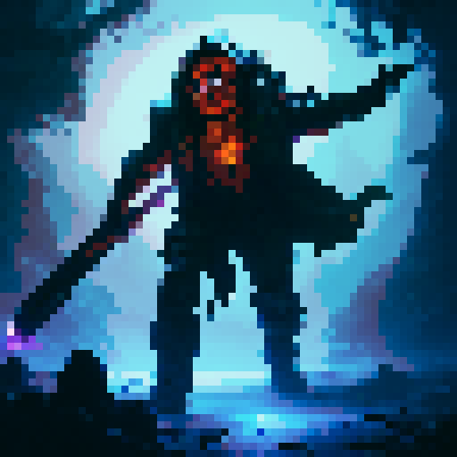 communist zombie game character with red eyes, decaying flesh, tattered red banner, wielding a rusty sickle, surrounded by mystical blue flames, in a dark forest, with glowing mushrooms and towering trees, reminiscent of a fantasy RPG