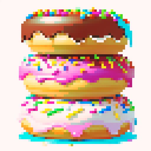 three big doughnuts in center of a frame, with vibrant colored icing dripping down, sprinkles on top, white background