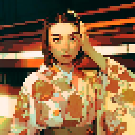 half Japanese, short brown hair, brown eyes, kimono, sRGB, pixel art