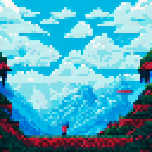 Ninja girl's fierce face, sharp eyes, and flowing hair set against a vibrant, mountainous landscape in pixel art style, with a moody sRGB color scheme and a detailed, textured background