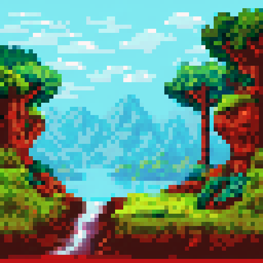 natural ridge in foreground, background consisting of dense vegetation, such as subtropical and temperate forests, cover for hunting, hilly and mountainous areas with suitable terrain for its stealthy hunting behavior, side scrolling game art, 8 bit pixel art, hard corner square pixels, 72 x 72 pixels, 32 color