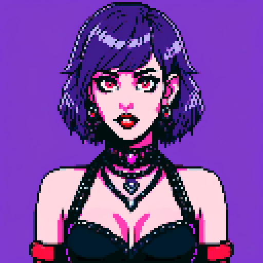 busty goth girls face, whole head portrait, black hair, purple eyeshadow, red lipstick, low black studded leather halter top, studded collar, vibrant srgb colors, edgy aesthetic