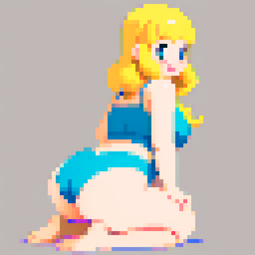 chubby blonde girl in a swimsuit, wide hips, very large butt, facing away, looking back, smiling, kneeling position, pixel art, sRGB