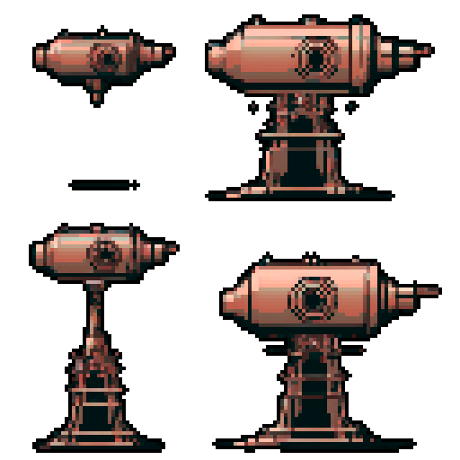 I want a copper structure reminiscent of the gun on top of a turret, seen from a head on two dimensional perspective. The design should be relatively simple. I also want this object usable as an asset in a videogame, meaning only one object per image, outlined with a strong black stroke, on a solid-color background.