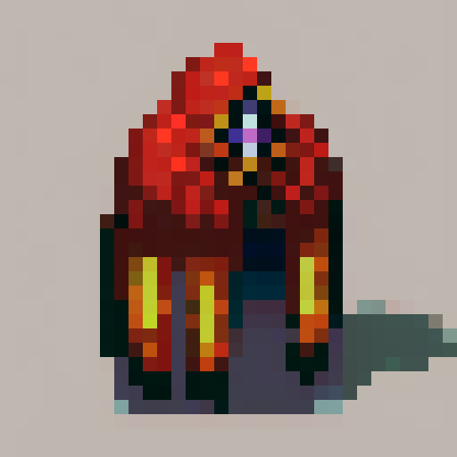 
make a 16x16 pixelart video game style sprite of a gothic style mini monster with sinuous hood and mystical colors