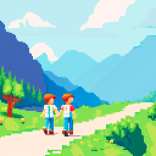 At noon in summer, a boy held a girl's hand and they walked among the mountains and the river.