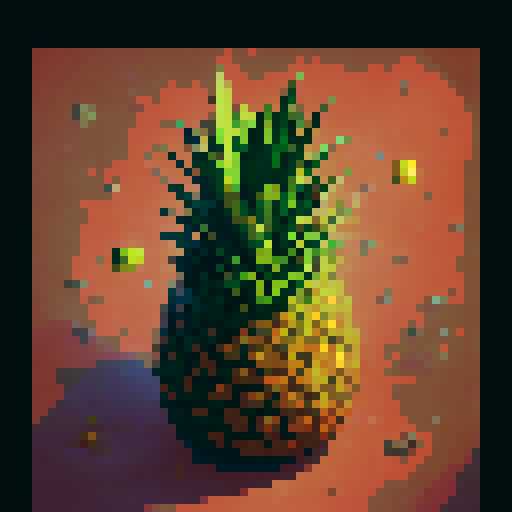 Giant Pineapple with intricate golden patterns growing halfway in the ground, surrounded by little baby pineapple saplings, all illuminated by moonlight in an isometric view, against a black background, showcasing the vibrant 6-color fantasy RPG art style