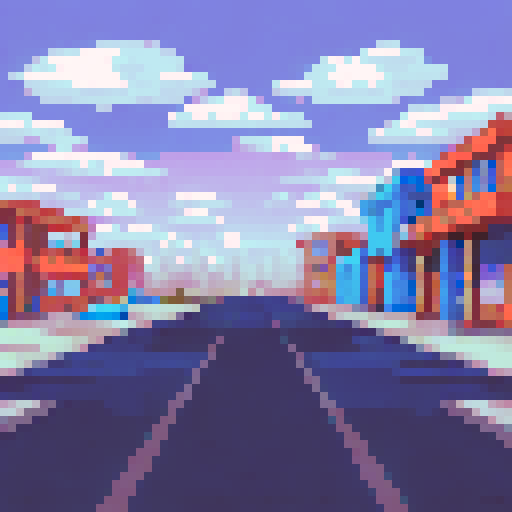 Empty parking lot with houses and buildings surrounding
