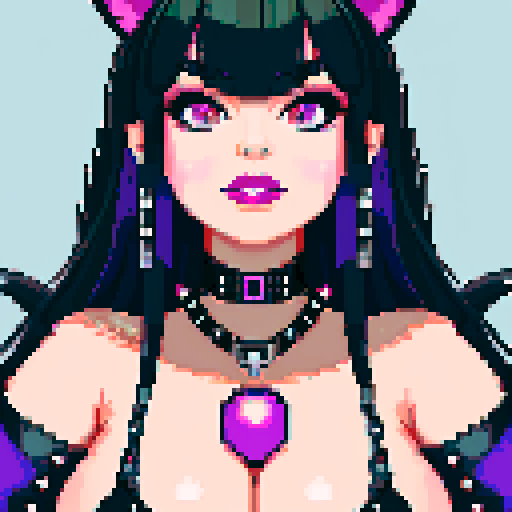 curvy, cute goth cat girl face, black hair, purple eyeshadow, red lipstick, studded leather, face portrait, glamour shot, vibrant sRGB colors, pixel art
