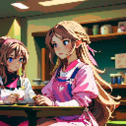 Nail tech with long blonde hair in a pink apron and a girl with brown hair sitting in front of each other at a table in a nail salon. 