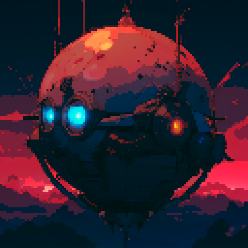 Sphere robotic, metallic sheen, glowing LED lights, mechanical limbs, retro-futuristic, geometric patterns, vibrant colors, low resolution, blocky pixels, 8-bit aesthetic, pixelated details, sharp edges, crisp lines, nostalgic video game vibe