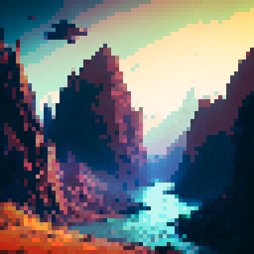Pixelated, blocky, and retro. Show Steve traversing through a vast, mountainous landscape, with towering cliffs, deep valleys, and a flowing river.