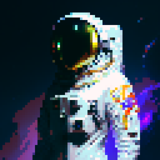 Androgynous astronaut in a clear helmet, wearing a sleek, futuristic sci-fi space suit adorned with intricate, metallic armor pieces reminiscent of a fantasy RPG, with vibrant colors, ethereal glowing runes, and elaborate engravings
