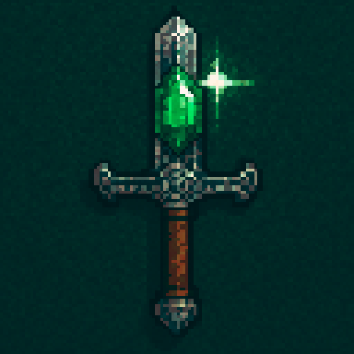 sword with embedded emerald, wooden handle, shimmering green gem, intricate detailing, medieval fantasy, sRGB, pixel art