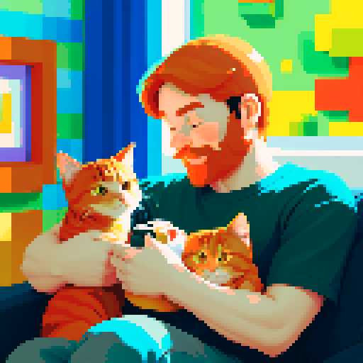 man with a contented ginger cat on his lap, vibrant colors, blocky pixels, retro aesthetic, warm and cozy setting, soft lighting, expressive cat poses, meticulous attention to detail, intricate pixel patterns, nostalgic video game vibes, playful interaction between person and cat, harmonious sRGB color palette