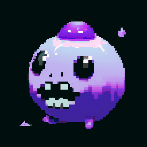 A larger, more dangerous purple slime that emits a toxic mist. It has glowing yellow eyes and a malevolent grin. The body is darker and denser, with toxic bubbles inside. No background.
