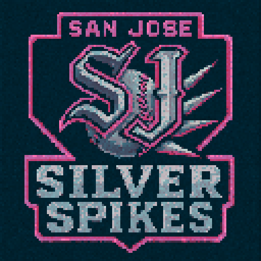 Pixel art of a fictional baseball team called the San Jose Silver Spikes.  Gothic Lettering SJ for the logo. dark gray, pink, and gray, sharp outlines, and soft pixel shading. The logo design mimics 80s MLB logos. Use a vibrant Sega Genesis 16-bit style with selective dithering, geometric forms, and nostalgic retro charm. Avoid modern gradients—keep it pure pixel art.
