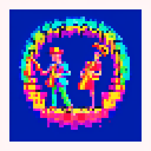 Vibrant jazz musicians, pixelated cityscape, saxophones, trumpets, neon lights, swirling colors, pixel art, sRGB