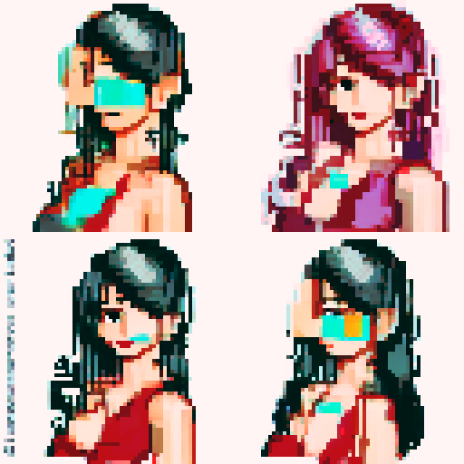 curvy, cute goth girl with black hair, purple eyeshadow, and red lipstick, standing in a nude glamour shot, pixel art, vibrant sRGB colors, background, landscape