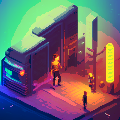 Street merchant assassin, neon-lit night market, slicked-back hair, pixelated sniper rifle, fluorescent tattoos, sRGB glow, bustling crowds.