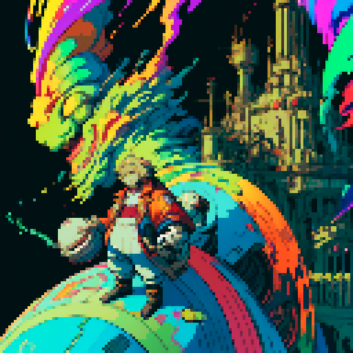 fat mad scientist, giant robot, facing left, vibrant colors, exaggerated features, pixelated details, mechanical limbs, swirling chemical potions, laboratory backdrop, sRGB color palette