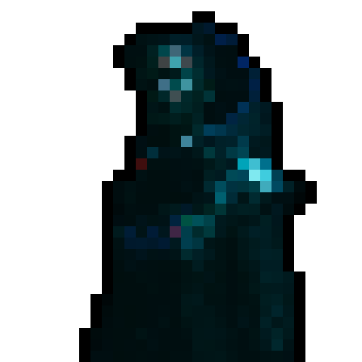 small, red-cloaked character with hidden face, intense red eyes, black outline, wielding a glowing sword, surrounded by swirling mist and mystical runes, fantasy RPG