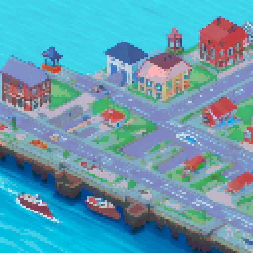Island port town, have the whole town visable in the image. make it usebale as a tile set for my rpg game. make sure its a lively city. Midevial style houses. middle class not fancy houses but not poor
