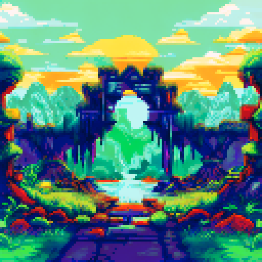 Undertale Ruins exit, a mossy stone archway towering above a winding path leading out of the underground, framed by lush green foliage and a faded, pixelated sunset in the sRGB background